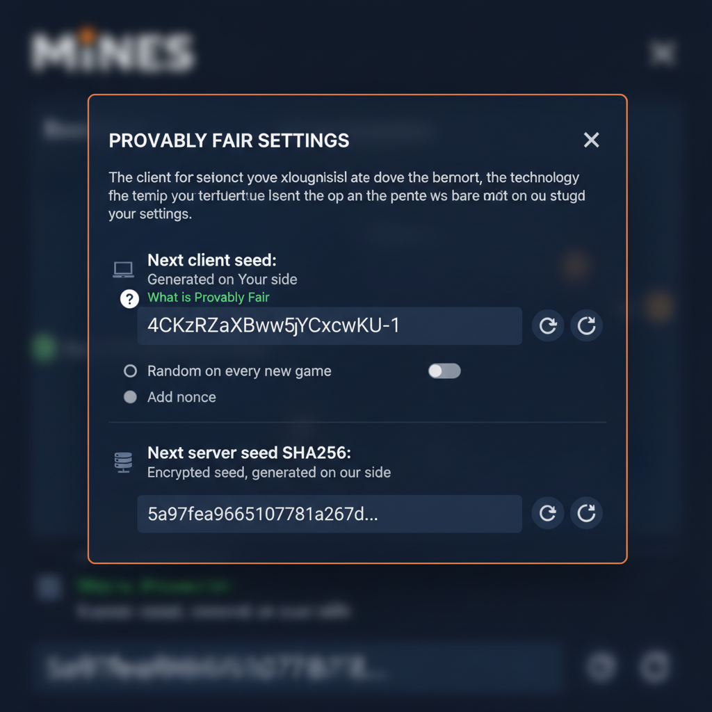 Schermata impostazioni Provably Fair di Mines SPRIBE con client seed e server seed SHA256