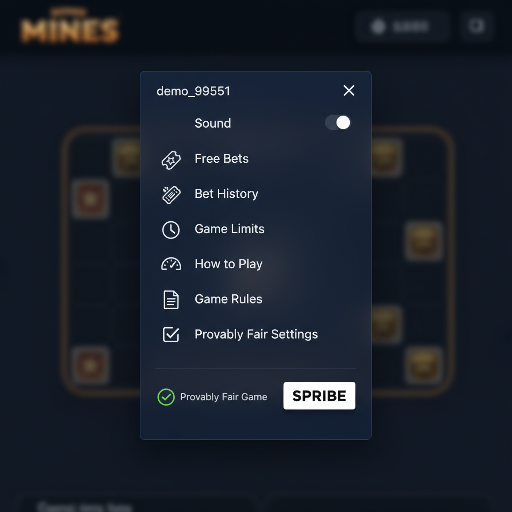 Badge SPRIBE e indicatore Provably Fair Game nel menu impostazioni di Mines