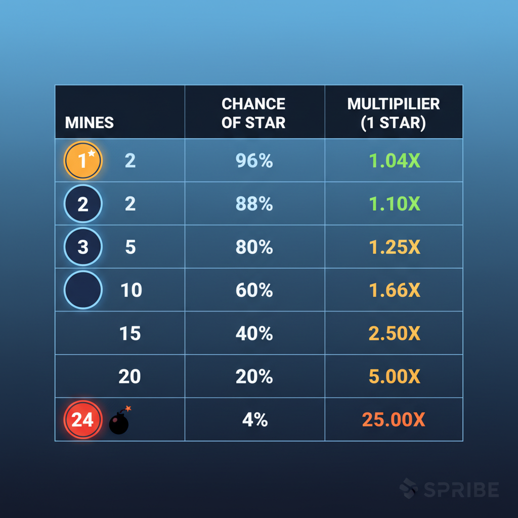Tabella delle probabilità e moltiplicatori di Mines SPRIBE in base al numero di mine configurate